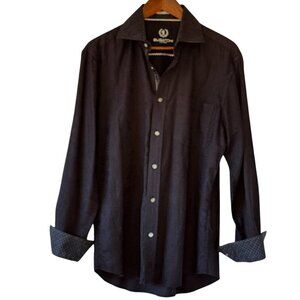 Bugatchi Men's Julian Shirt Jet Black Jacquard has Contrast Cuffs Shaped Fit  16